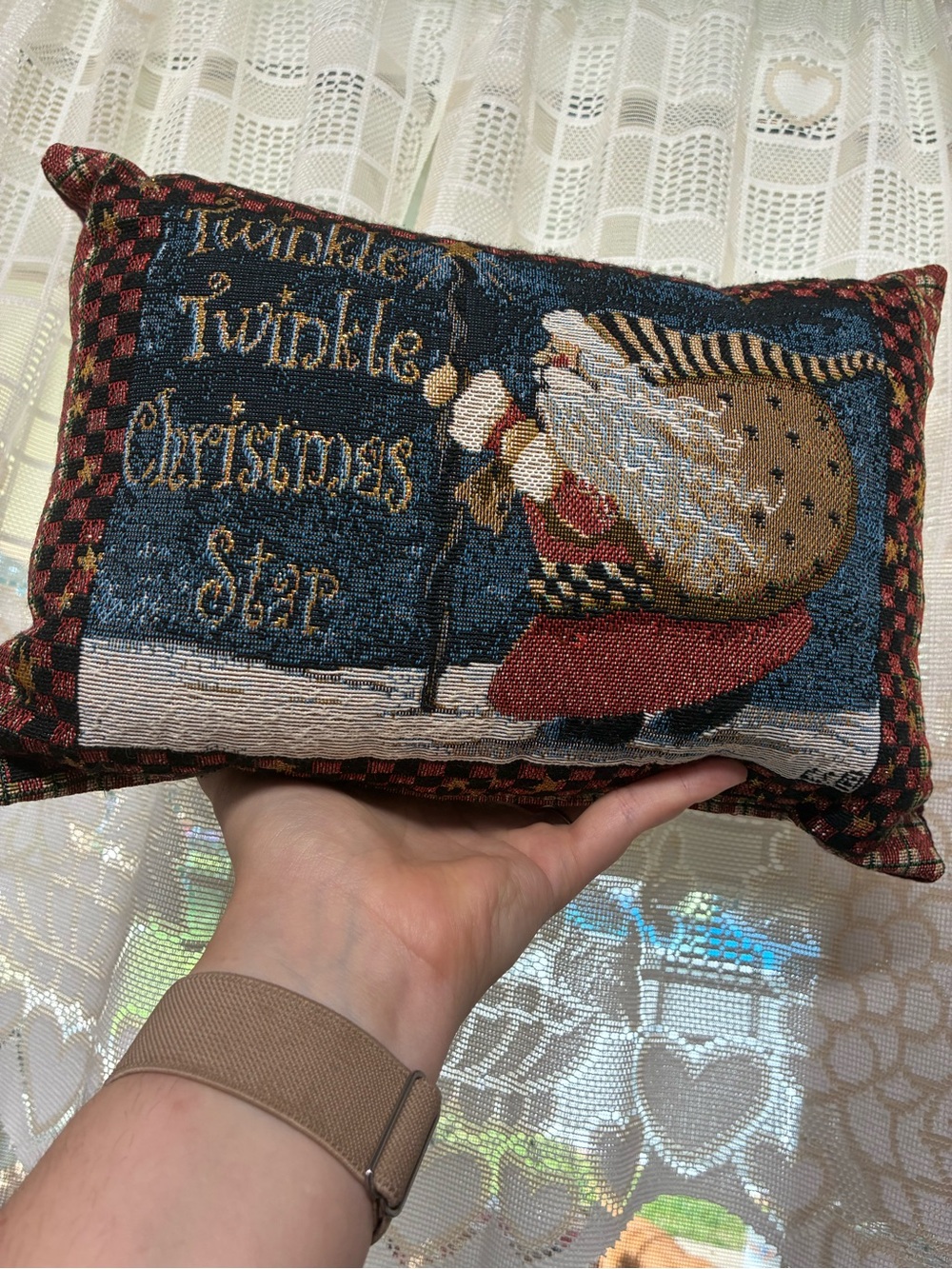 Holiday Tapestry Santa Pillow - Blue and Red